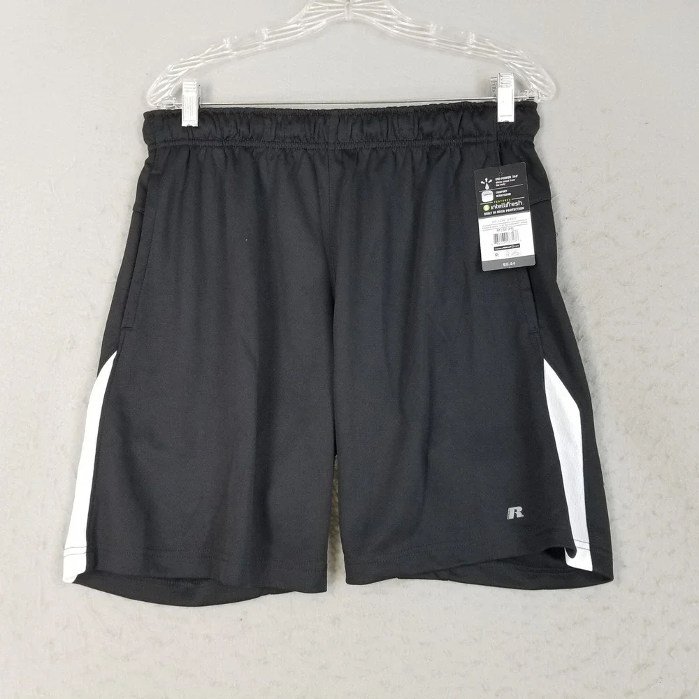 Russell Shorts Mens M Black Core Short Dri-Power 360 Athletic Side Stripe NEW